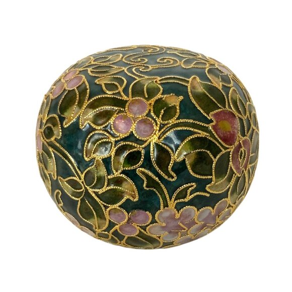 Cloisonné Floral Patterned Round Paperweight Hand Painted Green Pink Gold - Picture 3 of 6